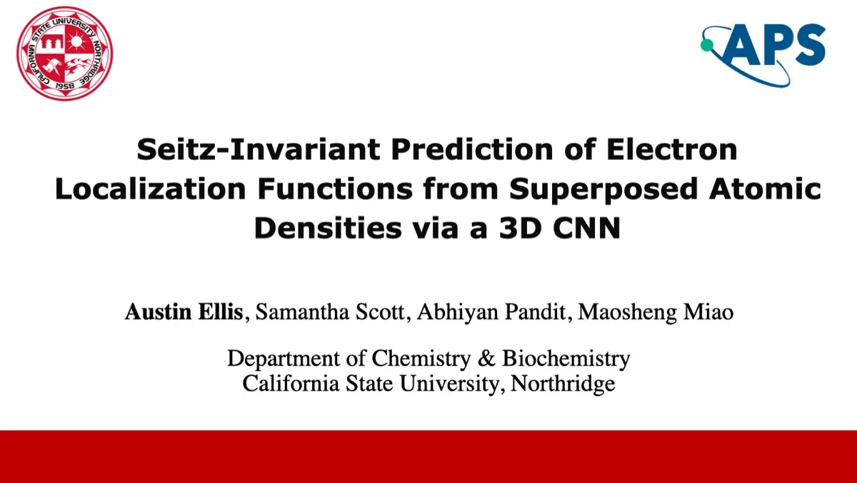 Title slide of the APS talk on Seitz-invariant prediction of electron localization functions via a 3D CNN