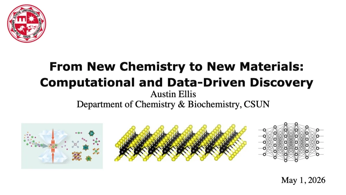 Title slide of the M.S. thesis defense, From New Chemistry to New Materials: Computational and Data-Driven Discovery