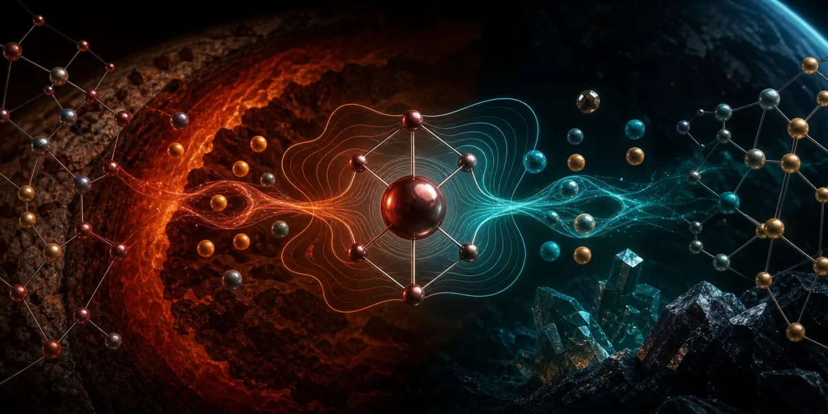 Abstract deep-Earth chemistry visual showing pressure-driven iron redox behavior